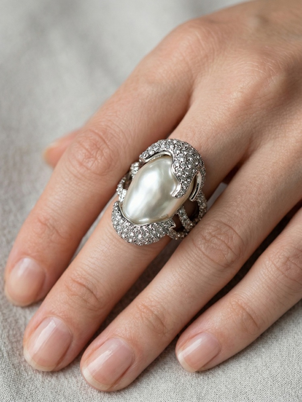 Silver Pearl and Crystal Statement Ring - White size 7/8